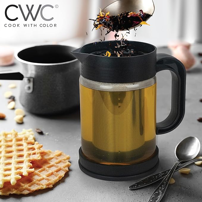 COOK WITH COLOR Cold Brew & Tea Maker - High Borosilicate Glass, PP Handle and Cover, 304 Stainless Steel Filter, TPR Base - Black