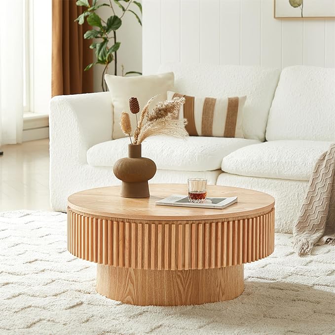 SZTHHDF Round Coffee Table for Living Room,Fluted Drum Accent Tea Center Table with Storage,Circle Modern Coffee Tables for Small Space Office Apartment (31.5" L×31.5''W×14''H-Natural)