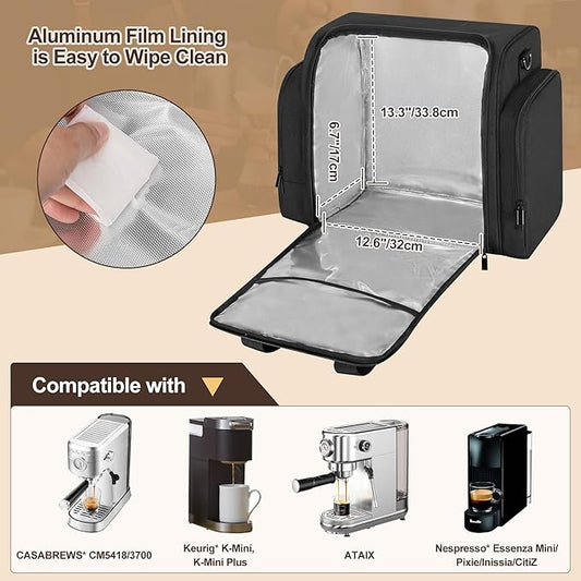 Yarwo Coffee Maker Bag Compatible with Keurig K-Mini/CASABREWS CM5418/3700/ATATIX, Wide Open Coffee Machine Travel Case with Insulated & Mutiple Pockets for Coffee Maker, Pods, Grinder and Supplies