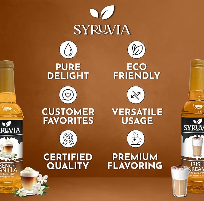 Syruvia Coffee Syrup Variety Pack - French Vanilla & Irish Cream- Gluten-Free, Kosher, 25.4 fl oz Bottles - Enhance Your Coffee Experience with Premium Flavoring Syrups
