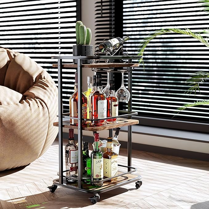 IBUYKE 3-Tier Home Bar Serving Cart,Kitchen Storage Carts with Wheels,11.79x15.72x33.01 inches,Rolling Mini Bar Cart for Home, Outdoor, Kitchen, Bedroom TMJ319H