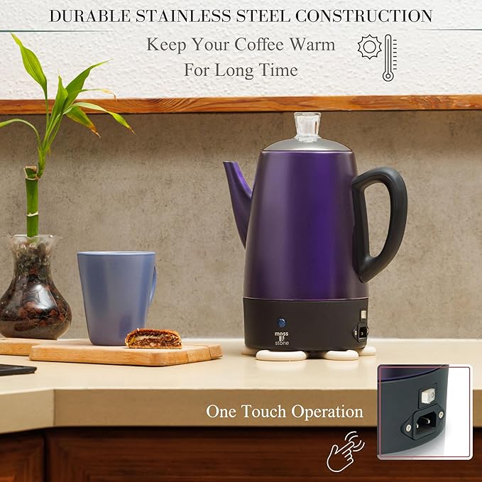 Moss & Stone 10 Cup Purpale Percolator Coffee Pot Electric, Stainless Steel Coffee Percolator Electric With Keep Warm Function, Classic Perculator Pot With Removable Basket for Home or Office