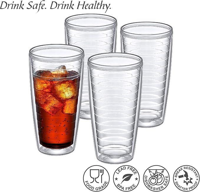 Amazing Abby - Alaska - 24-Ounce Insulated Plastic Tumblers (Set of 4), Double-Wall Plastic Drinking Glasses, All-Clear Reusable Cups, BPA-Free, Shatter-Proof, Dishwasher-Safe