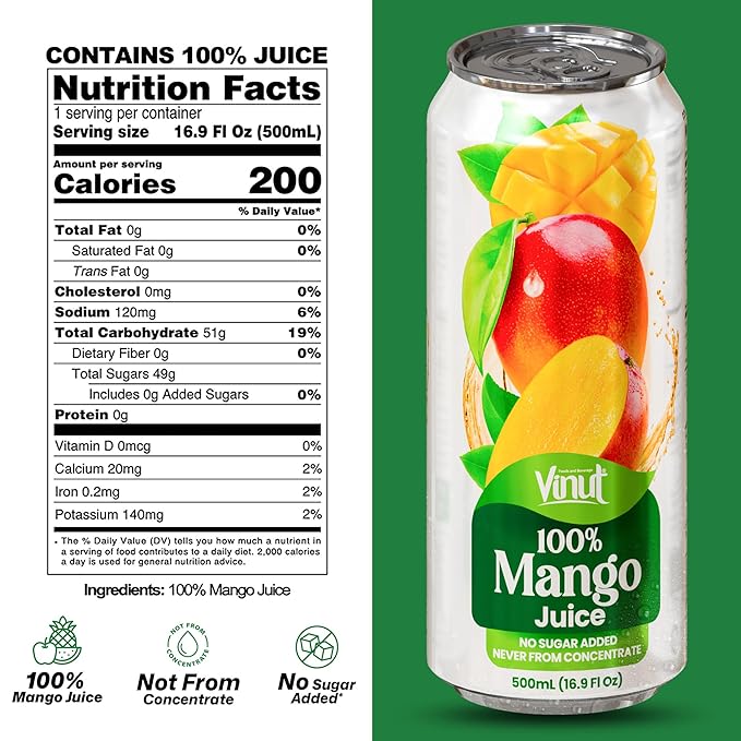 VINUT 100% Mango Juice, No Sugar Added, Never From Concentrate, 16.9 fl oz (500 mL) Can, Pack of 12