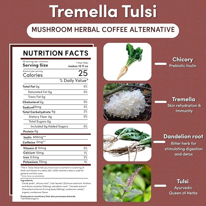 Teeccino Tremella Tulsi Coffee Alternative - Cardamom - Organic Adaptogenic Herbal Mushroom Coffee, Medium Roast, Caffeine Free, Prebiotic, Acid Free, Gluten Free - 10 Oz