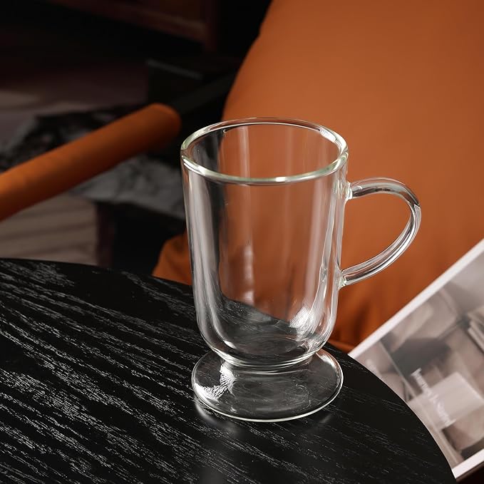 NIRA.Z 12.5 OZ Double Walled Glass Coffee Mugs with Handle Set of 4 Clear Insulated Irish Coffee Cups Hand Blown Glass Cups for Hot Cold Beverages, Cappuccino, Latte, Tea, Espresso, Juice, Americano