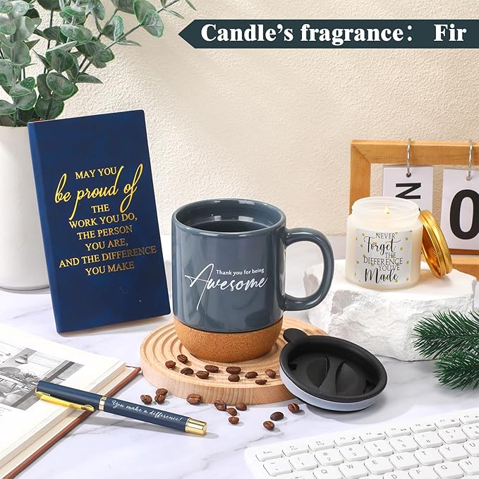 4 Pcs Thank You Gift Set for Men Women Employee Coworker Gifts Inspirational Appreciation Notebook Coffee Mug Scented Candle Pen for Valentine's Day Team Office Staff Teacher Volunteer