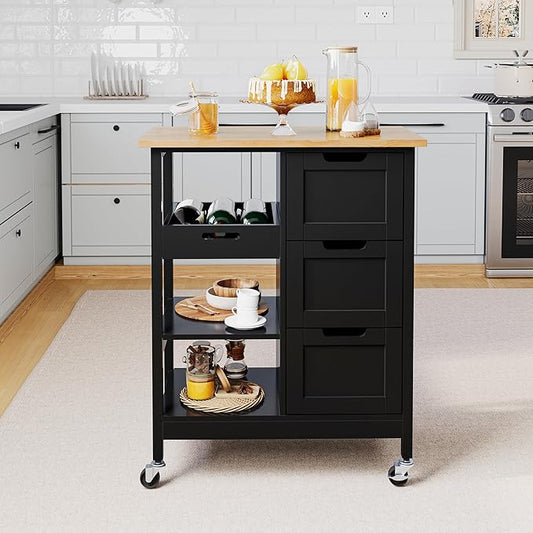 YITAHOME Kitchen Island with Storage, Kitchen Cart for Home, Rolling Serving Utility Trolley Cart on Wheel with 3 Drawers and 3 Storage Shelves, Kitchen Serving Cart for Dining Room, Bar, Black