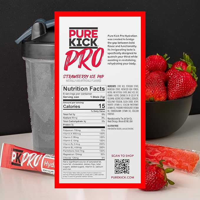 PURE KICK PRO Hydration Electrolyte Drink Mix, Strawberry Ice Pop, Includes 1 Box with 6 Packets in Each Box