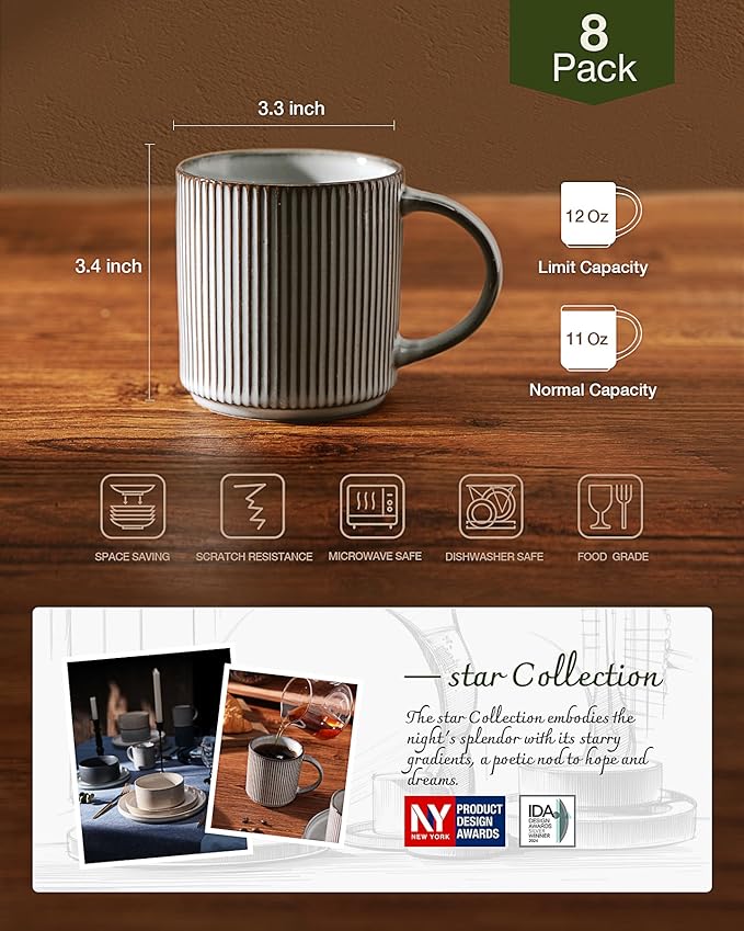 famiware Coffee Mug Set for 8, Star 12 oz Catering Mugs Cup Set with Handle for Coffee, Tea, Cocoa, Milk - Ceramic Stoneware Drinkware Set, Smoky Blue