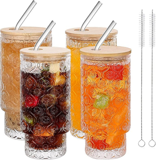 Vintage Glass Cups With Bamboo Lids And Straws 16 Oz,Vintage Tumbler Embossed Floral Glass Cups Set For Whiskey Cocktail, Beer, Iced Coffee Cups, 4pack