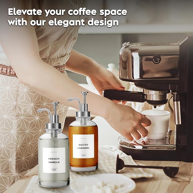 Spaceneat Coffee Syrup Dispenser with Pump - Includes 24 Flavor Labels - Glass Syrup Dispenser for Coffee Bar - Elevate your Beverage Station with 16.9 fl oz Flavoring Container Bottles, 2pcs, Silver