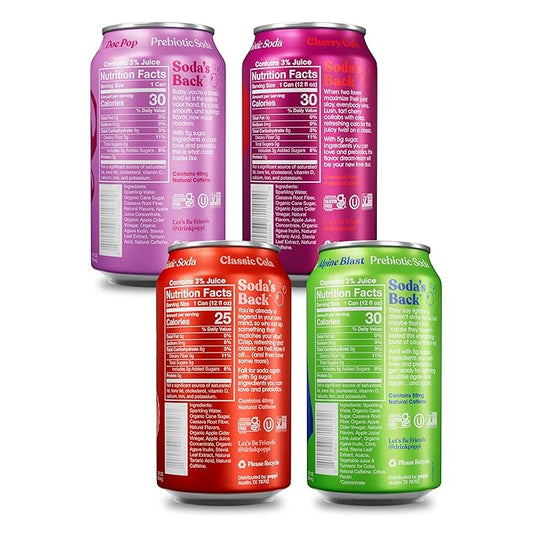 Poppi Sparkling Prebiotic Soda Beverage with Apple Cider Vinegar, Seltzer Water and Fruit Juice, Soda Staples Variety Pack, 12 FL Oz, Pack of 12, Packaging May Vary
