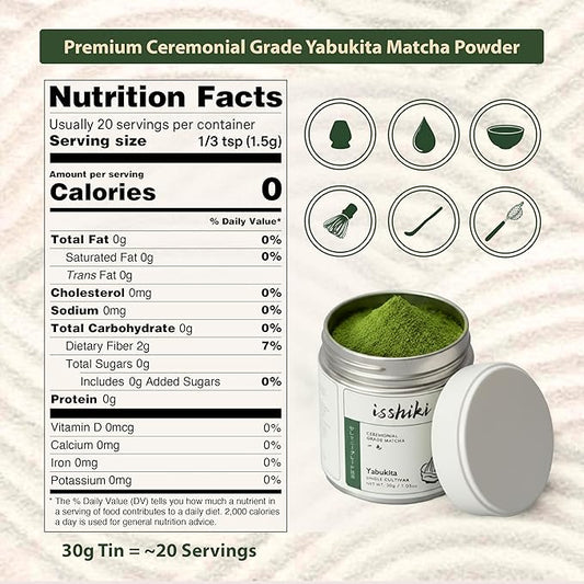 Isshiki Matcha Powder - Premium Ceremonial Grade Yabukita Green Tea from Kyoto, Japan - Exceptional Authentic Japanese Matcha - 30G - 20 Servings