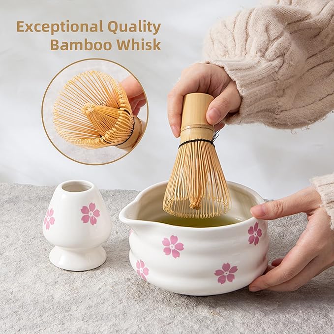 5pcs Premium Matcha Set,Ceramic Bowl with Spout and Bamboo Whisk set, Ceremonical Matcha Kit for breakfast/latte,Tea Starter Making Kit,Unique Matcha Gift set (sakura)