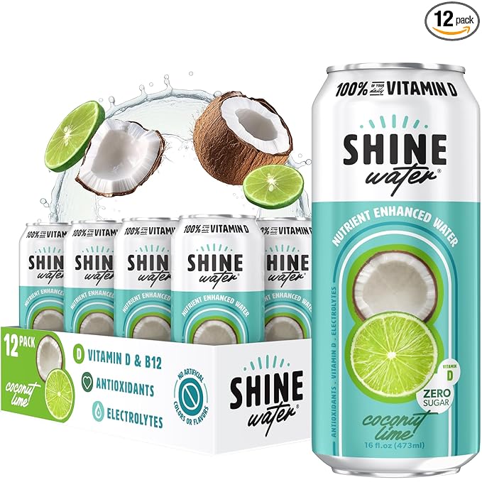 Shine Water Coconut Lime Vitamin D Electrolyte Drinks 12-Pack, Sugar Free Flavored Water with Magnesium, Zinc & Antioxidants, Low Calorie Hydration Beverage, Plant-Based Vitamin Water Zero Sugar