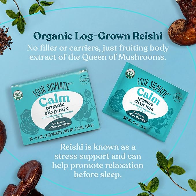 Four Sigmatic Reishi Mushroom Elixir | Coffee Alternative with Organic Reishi Mushroom Powder, Tulsi, Rose Hips & Mint | Support Stress & Sleep | Decaf, Vegan, Gluten-Free & Keto | 20 Packets