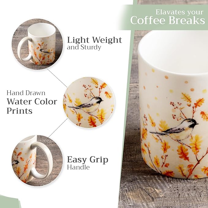 Maison d' Hermine Coffee Mug with Handles Fine Bone China Mugs Pack of One Tea Cups for Hot Beverages Cappuccino Latte Home Restaurant Office Perfect for Gift (Oak Leaves - Jaya & Friends, 12 Ounce)