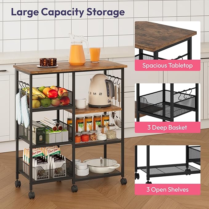 SWTYMIKI Kitchen Island Cart on Wheels - 28.35x14.57in Rolling Kitchen Table Cart with Storage Shelves, 6 Removable Hooks& Locking Casters, Coffee Bar Cabinet for Dining Room Pantry Office, Espresso