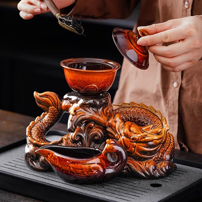 Semi Automatic Tea Set Ceramic Teapot with Infuser Magic Teapot with 8 cups (Yellow Dragon-D)