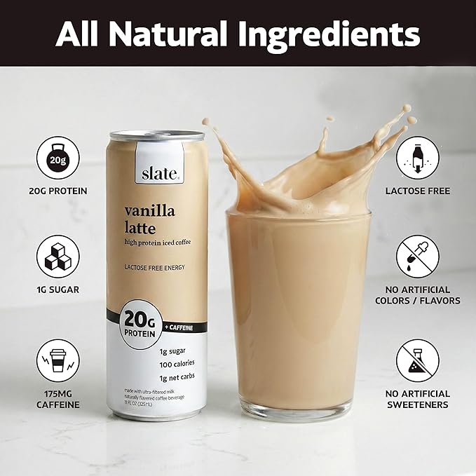 Slate Milk - High Protein Iced Coffee - Vanilla Latte - 175mg Caffeine, Lactose Free Energy - 20g Protein, 1g Sugar, 100 Calories, 1g Net Carbs, No Sugar Added - Protein Coffee - 11 fl oz, 24 Cans
