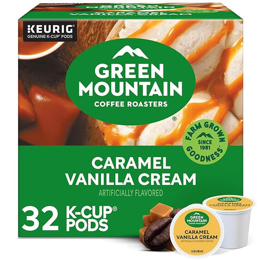 Green Mountain Coffee Roasters Caramel Vanilla Cream, Single-Serve Keurig K-Cup Pods, Flavored Light Roast Coffee Pods, 32 Count