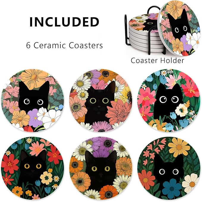 6Pcs Black Cat Coasters with Holder, Cute Floral Cat Ceramic Drink Coaster for Kinds of Cups Coffee Table Decor Cats Lover Gifts