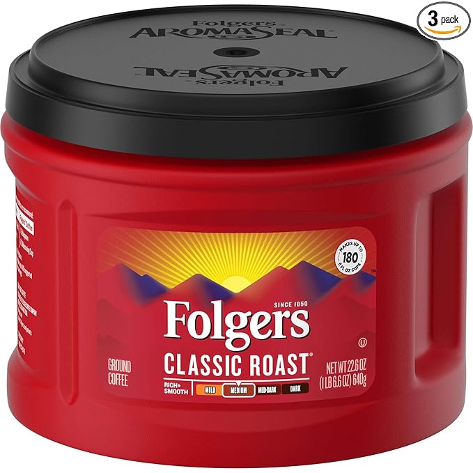Folgers Classic Roast Medium Roast Ground Coffee, 22.6 Ounces (Pack of 3)
