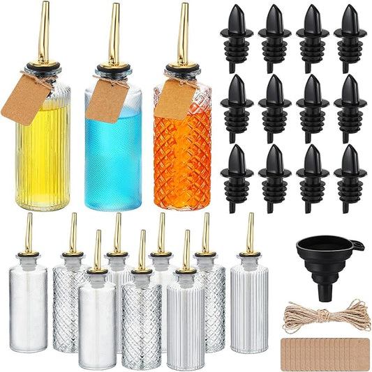 Baderke 12 Sets Coffee Syrup Dispenser Bottles Glass Syrup Dispenser Container with Pour Spout Dust Lids Labels Funnel Christmas Coffee Bar Accessories for Honey, Condiments, Olive Oil(Basic Style)