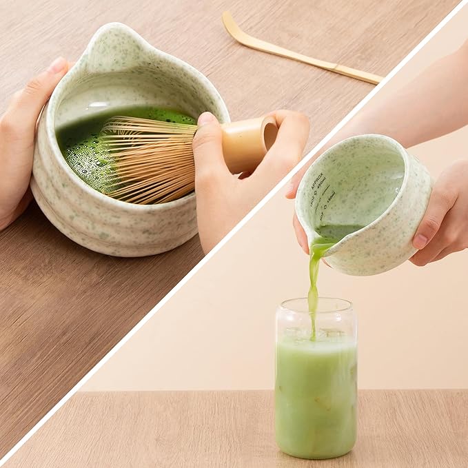 5pcs Premium Matcha Set,Ceramic Bowl with Spout and Bamboo Whisk set, Ceremonical Matcha Kit for breakfast/latte,Tea Starter Making Kit,Unique Matcha Gift set (green)