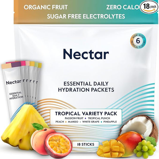 Nectar Hydration Packets - Electrolytes Powder Packets - Sugar Free & 0 Calorie - Organic Fruit Liquid Daily IV Hydrate Sticks for Dehydration & Rehydration Relief (Tropical 18 Pack)