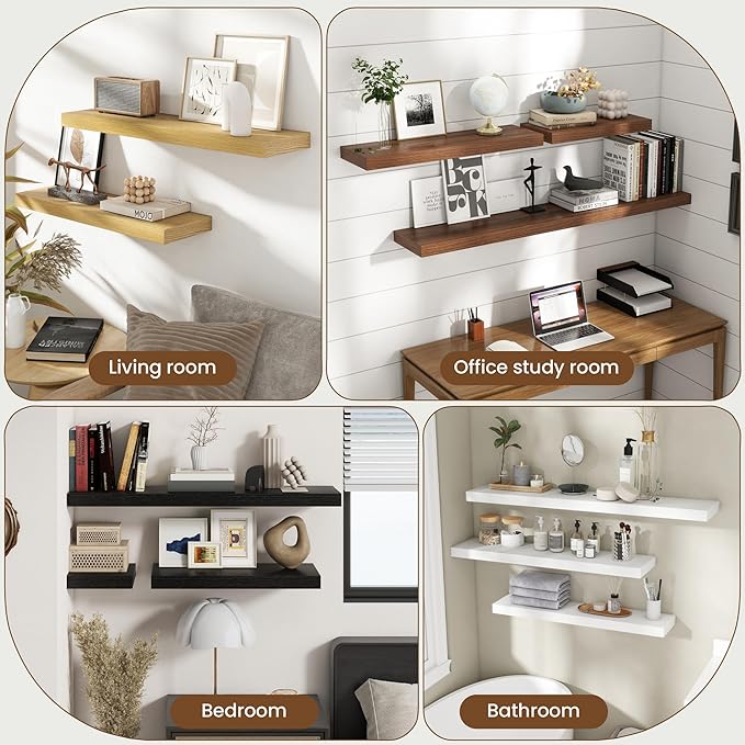 48 Inch Floating Shelves for Wall, 8 Inch Deep Floating Shelf for Storage & Display, Rustic Wall Mounted Shelf with Invisible Brackets for Living Room, Kitchen, Bathroom, Home Decor, Set of 2, White