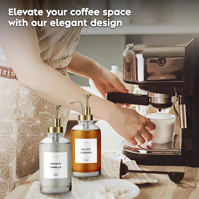 Spaceneat Coffee Syrup Dispenser with Pump - Includes 24 Flavor Labels - Glass Syrup Dispenser for Coffee Bar - Elevate your Beverage Station with 16.9 fl oz Flavoring Container Bottles, 4pcs, Gold