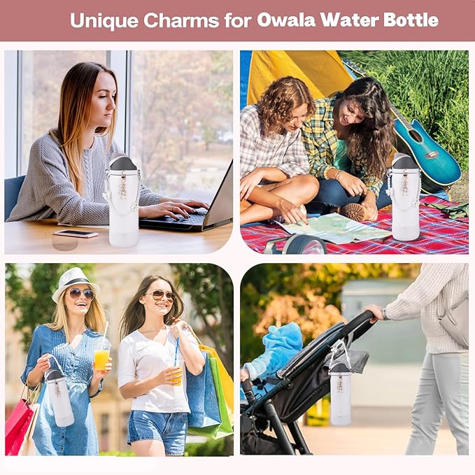 Water Bottle Accessories Set for Owala FreeSip 24oz、32 oz– Includes Pearl Handle Strap, Bow Charms,2.9in .3inch Silicone Bling Boot for Owala Accessories for Women