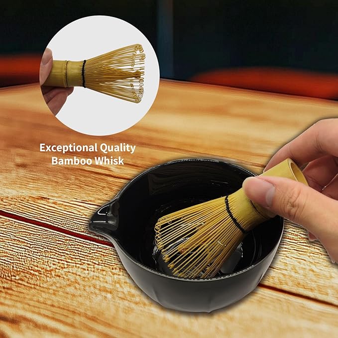 Matcha Whisk Set,8 Pcs Ceramic Matcha Sets Black Include Matcha Bowl with Spout(18Oz), Matcha Whisk and Holder,Bamboo Scoop,Scoop Holder,Stainless Sifter,Wooden Spoon,Tea Towel,Gift for Matcha Lovers