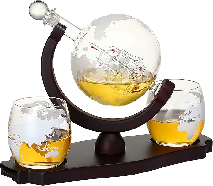Whiskey Globe Decanter Set with 2 Etched Globe Glasses in Gift Box - Home Bar Accessories for Liquor, Whiskey, Brandy, Gin, Rum, Tequila, Vodka, and Brandy