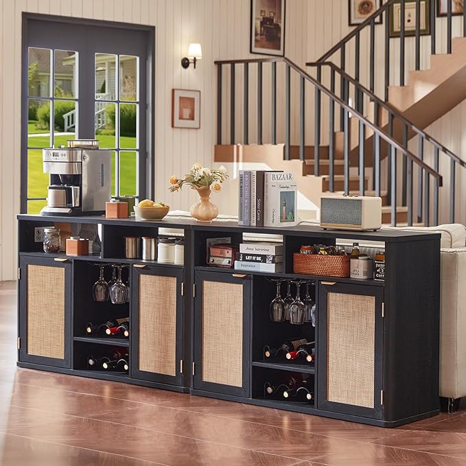 Lerliuo Rattan Wine Cabinet with 2 Doors, Boho Liquor Cabinet with Wine Racks, Farmhouse Coffee Bar Station for Living Room, Dining Room, Kitchen, Black