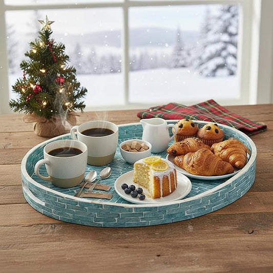 PEMAR 15.7" x 11.8" Oval Capiz Shell Serving Tray, Decorative Ottoman Tray for Living Room, Coffee Table, Breakfast in Bed, Candle Display (Teal Sunlight)