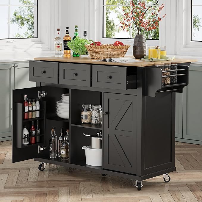 Kitchen Island with Storage on Wheels, 53" Large Rolling Kitchen Island with Drop Leaf, Mobile Kitchen Islands Cart with 3 Drawers 2 Cabinet, Open-Shelf, Islands Table (Black, 3 Drawers)