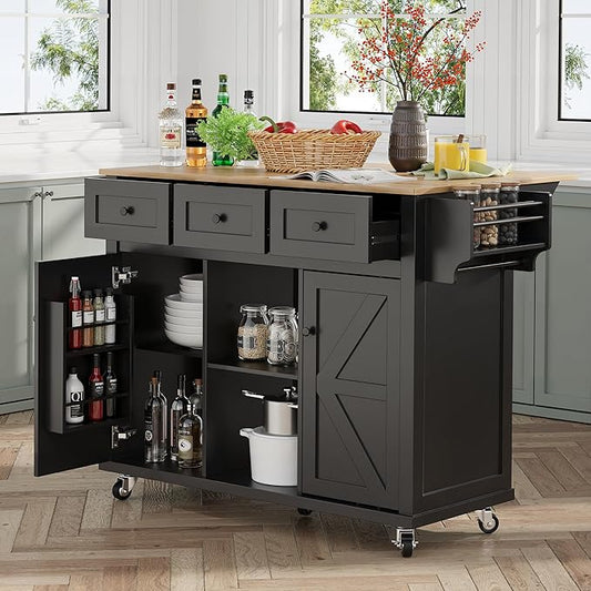 Kitchen Island with Storage on Wheels, 53" Large Rolling Kitchen Island with Drop Leaf, Mobile Kitchen Islands Cart with 3 Drawers 2 Cabinet, Open-Shelf, Islands Table (Black, 3 Drawers)