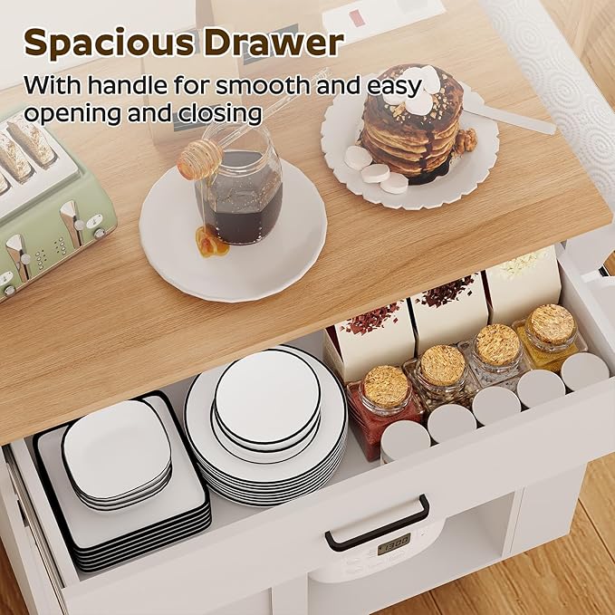 Kitchen Island with Storage, Kitchen Storage Cabinets with Charging Station, Kitchen Island on Wheels, Rolling Island Table with Sliding Cabinet Door, White and Natural ZD01UWN