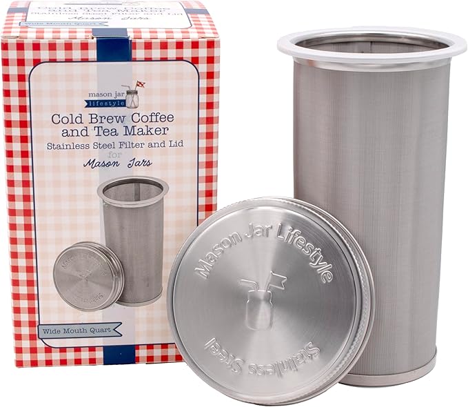 32oz Quart Cold Brew Coffee and Tea Maker Stainless Steel Filter for Mason Jars With Lid and 2 Silicone Seals (No Jar)