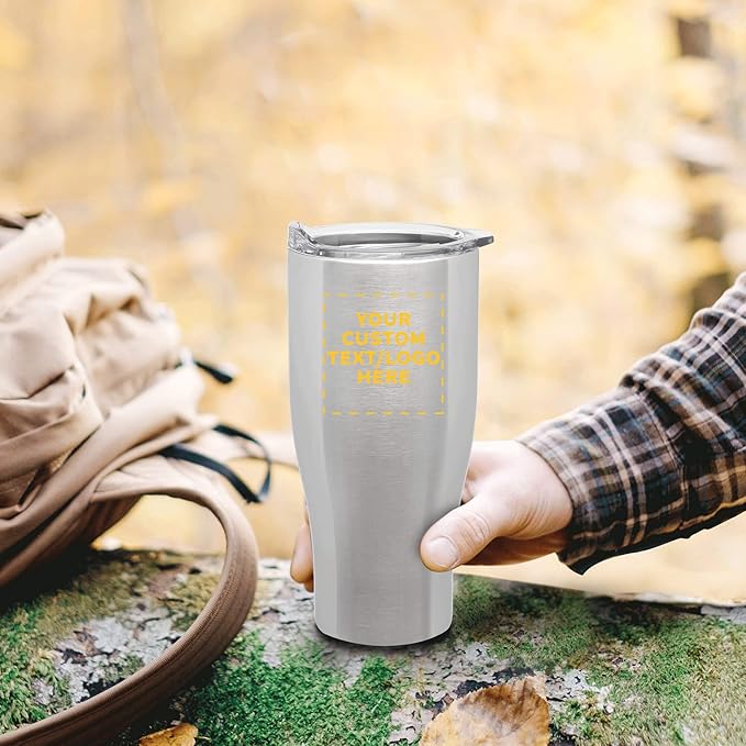 Custom Stainless Steel Grip Travel Mugs 27 oz. Set of 50, Personalized Bulk Pack - Perfect for Coffee, Soda, Other Hot & Cold Beverages - Silver