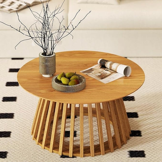 DUOMAY Modern Solid Wood Round Coffee Table with Geometric Base, Sturdy Wood Center Table for Living Room, Lounge, Office, Log Color