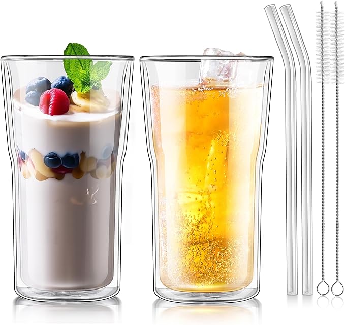 Joeyan Glass Double Walled Beer Drinking Glasses Tumbler 16 oz, Double Layer Tall Borosilicate Insulated Water Cocktail Glass Cups, Double Lined Thermo Tea Coffee Hot Beverage Glassware, Set of 2