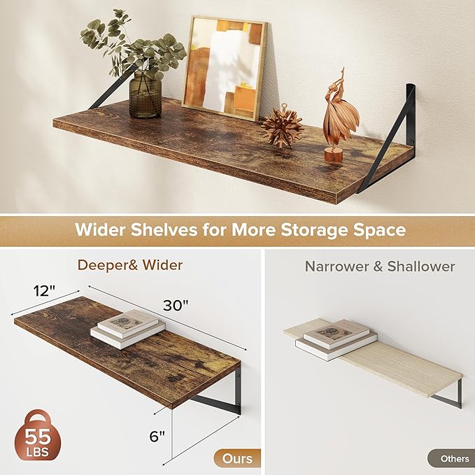 Deep Floating Shelves Wall Mounted, 30"x12" Brown Wood Shelves with Brackets Set of 2 for Bedroom, Living Room, Bathroom, Kitchen, Office - Storage & Display Shelf for Decor, Books, Plants