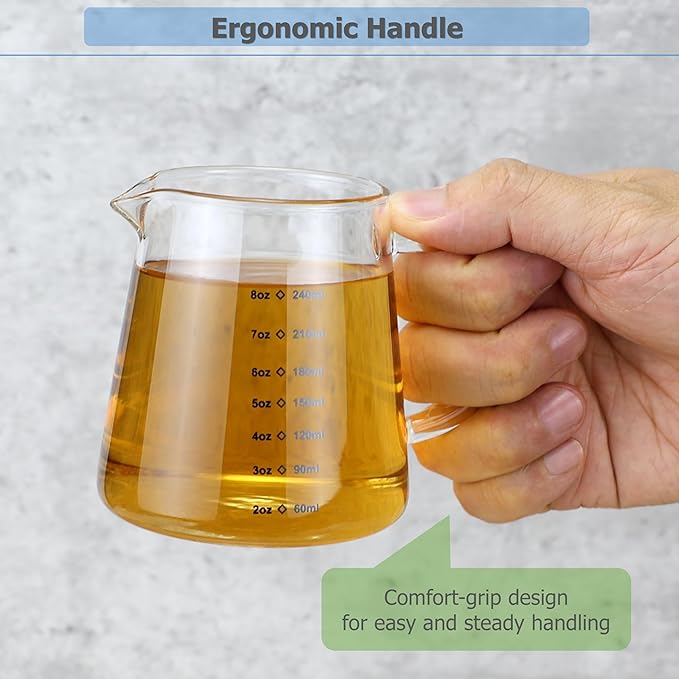 EIKS 2 Pack Glass Creamer Pitcher with Handle and Measurement Scale for Serving Coffee Milk Cream Tea Beverage Sauce Jam dressings (Capacity 240ml / 8oz)