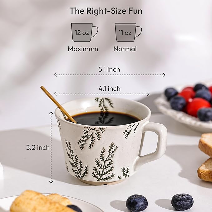 LINVIA Ceramic Coffee Mug, 12 oz Novelty Unique Teacup with Handle, Stoneware Cup for Tea Mocha Latte Cappuccino Espresso (Set of 4, Butterfly Grass Ivy and Leaf) | Novelty, Unique Teacup, Large Handle, Tea, Mocha, Latte