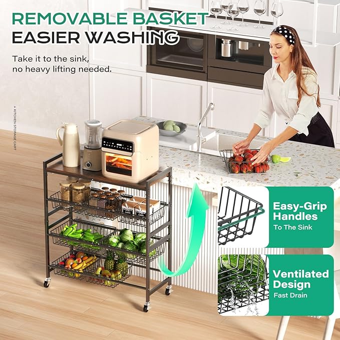 Cinati 4-Tier Utility Kitchen Cart with Wood Top, 29" W Kitchen Storage Cart with 8 Baskets & Handle, Metal Snack Cart with Wheels, Adjustable Pantry Organizer and Storage Cart for Fruit, Vegetables