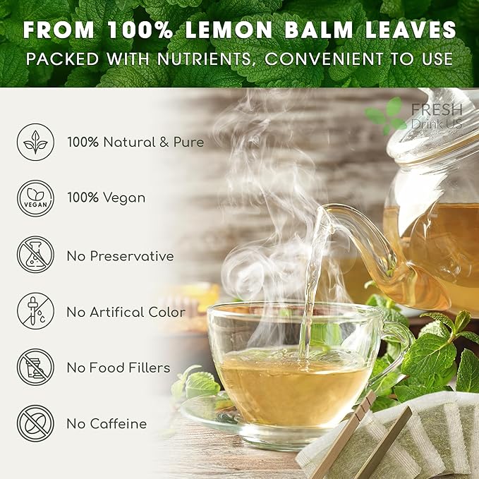 FreshDrinkUS, Premium 120 Lemon Balm Leaf Tea Bags, 100% Natural & Pure from Lemon Balm Leaves. Loose Leaf Herbal Te. No Sugar, No Caffeine, No Gluten, Vegan.